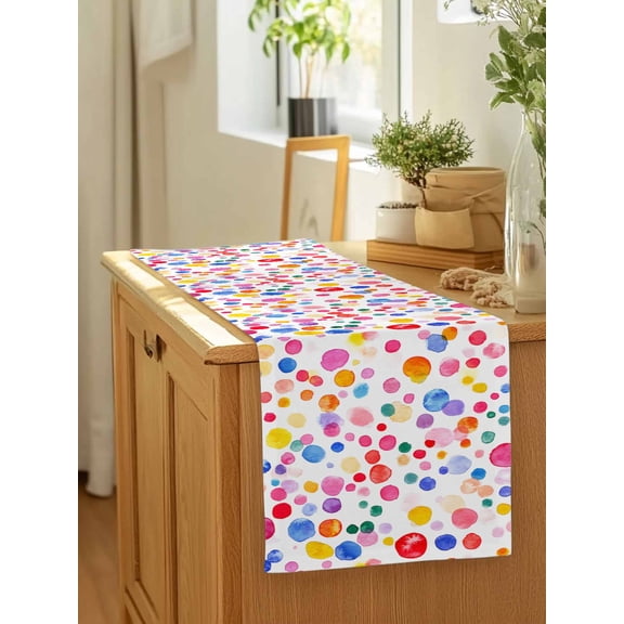 Watercolor Polka Dot on White Table Runner 13x90in Non-Slip Cotton Linen Table Runners, Seamless Colorful Balls Dresser Scarves TableRunner for Dinner Kitchen Dining Wedding Party