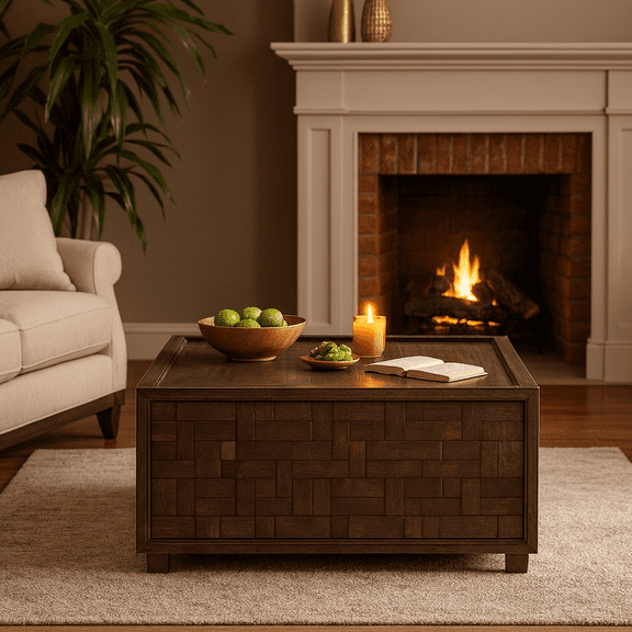 Farmhouse Coffee Table with Storage, Large Square Coffee Table for Living Room, Brown