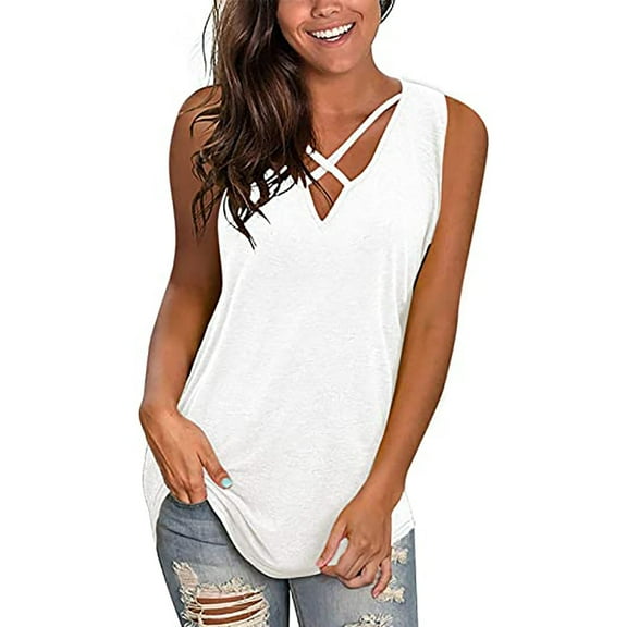 Scyoekwg Tank Tops for Women Suspenders Loose Solid Color Casual Dressy Blouse Sling Sleeveless Tank Tops Summer V-Neck Shirts (White,L)