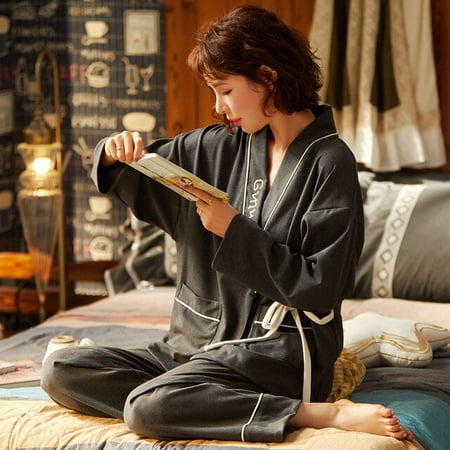 

CoCopeaunt Long Sleeve Pajamas Womens Autumn And Winter Thin Pure Cotton Stripe Suit Japanese Kimono Spring and Autumn Household