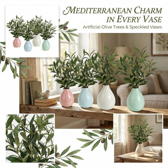 Fake Plant Decor, Faux Olive Branches, Plant Vase Indoor, 14 in Vase with Greenery, 12 Single Artificial Olive Leaf Stems Paired with A Speckled Ceramic Vase for Seamless Indoor
