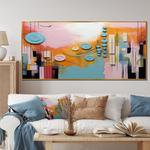 Designart "Play Forms Colorful Orange and Blue Delight III" Oversized Abstract Framed Wall Art - Modern Orange Abstract Geometric Hallway Framed Wall Art Decor