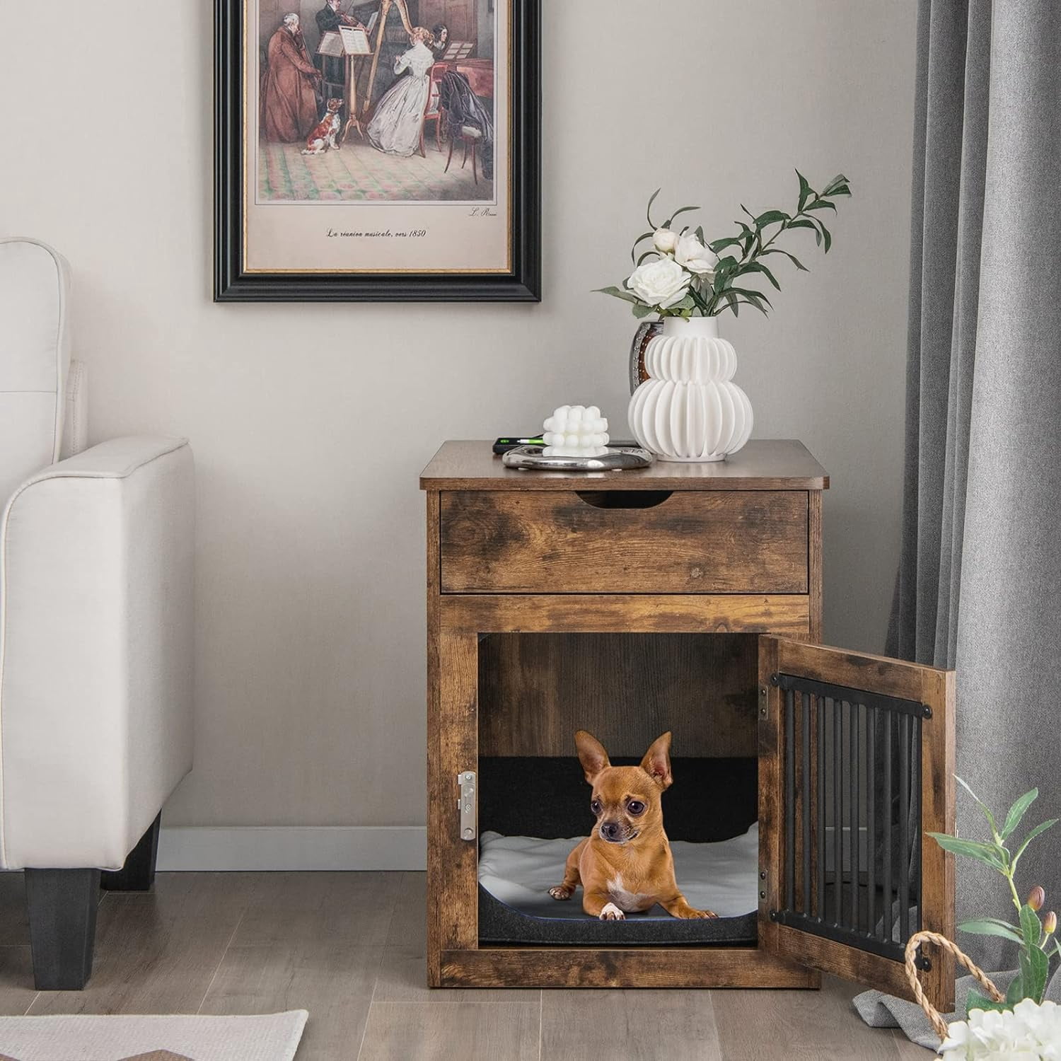 Furniture Style Dog Crate, Decorative Dog Kennel End Table with USB & Wireless Charging Station, Storage Drawer, Indoor Dog House for Small Dogs (Rustic Brown)