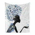 thumbnail image 1 of Retro Soft Flannel Fleece Throw Blanket, Illustration of a Flower Haired Girl and Snowflakes Design Pattern Print, Cozy Plush for Indoor and Outdoor Use, 60" x 80", Slate Blue and Black, by Ambesonne, 1 of 6
