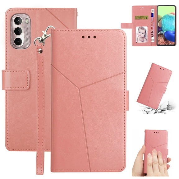 SaniMore PU Leather Wallet Case for Motorola Moto G 5G (6.6" 2024), Shockproof Buffer Wrist Strap[Romoveable] Kickstand Card Slots Cash Pocket Anti-scratch Full-protective Shell, Rosegold
