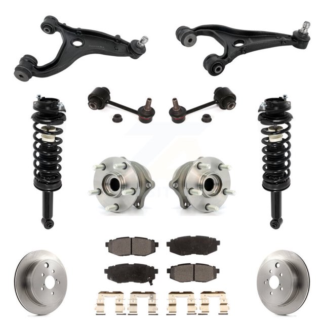 Transit Auto Rotors de Disque Arrière Patins de Frein, Roulements de Moyeu, Bras de Commande, Tige de Liaison, Assemblage Complet de la Vérin, Ressort à Ressort, Kit de Suspension (11 Pcs) pour Voiture 2010-2012 Subaru Outback 3.6L KM-100341