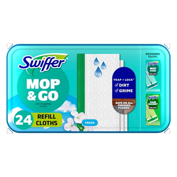 Swiffer Mop & Go Wet Pads Refill, Floor Cleaner, Cleaning Cloths, Fresh, 24 Count