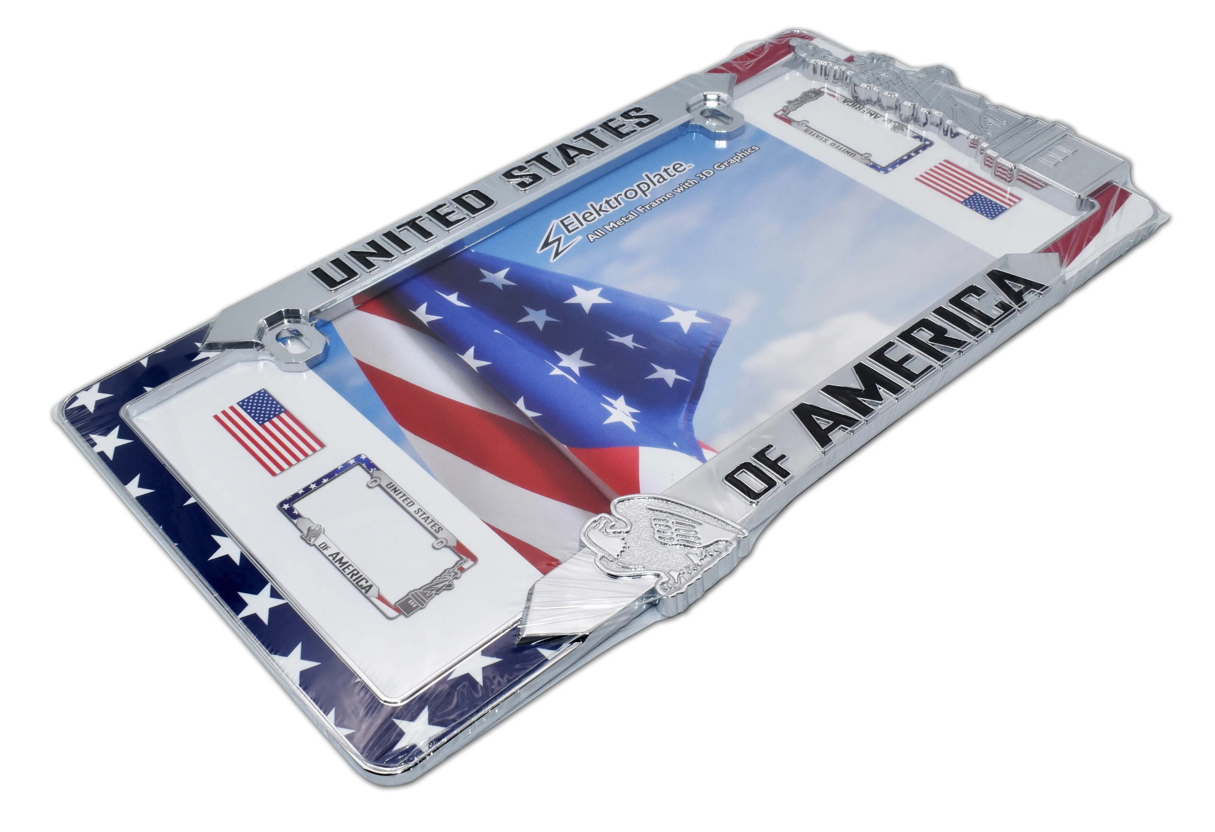 Elektroplate Patriotic United States of America Chrome-Plated All-Metal 3D Weather-Proof License Plate Frame 12" x 6" 1-Pack