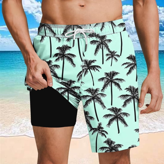 SOOMLON Mens Swim Trunks with Liner Big and Tall 11" Inseam Quick Dry Swim Trunks Palm Tree Beach Shorts Vacation Shorts