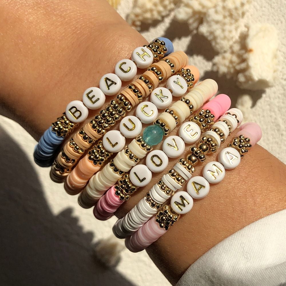 Charm Elastic Summer Colorful Beads Women Clay Bracelet Letters Beach  Bangles Soft Pottery Bracelet Boho Jewelry WHITE 