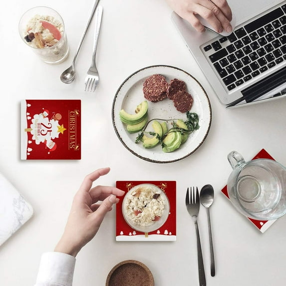 FMSHPON Merry Christmas Xmas Tree Winter Christmas Set of 4 Coaster for Drinks, Absorbent Ceramic Stone Coasters Cup Mat with Cork Base for Home Kitchen Room Coffee Table Bar Decor