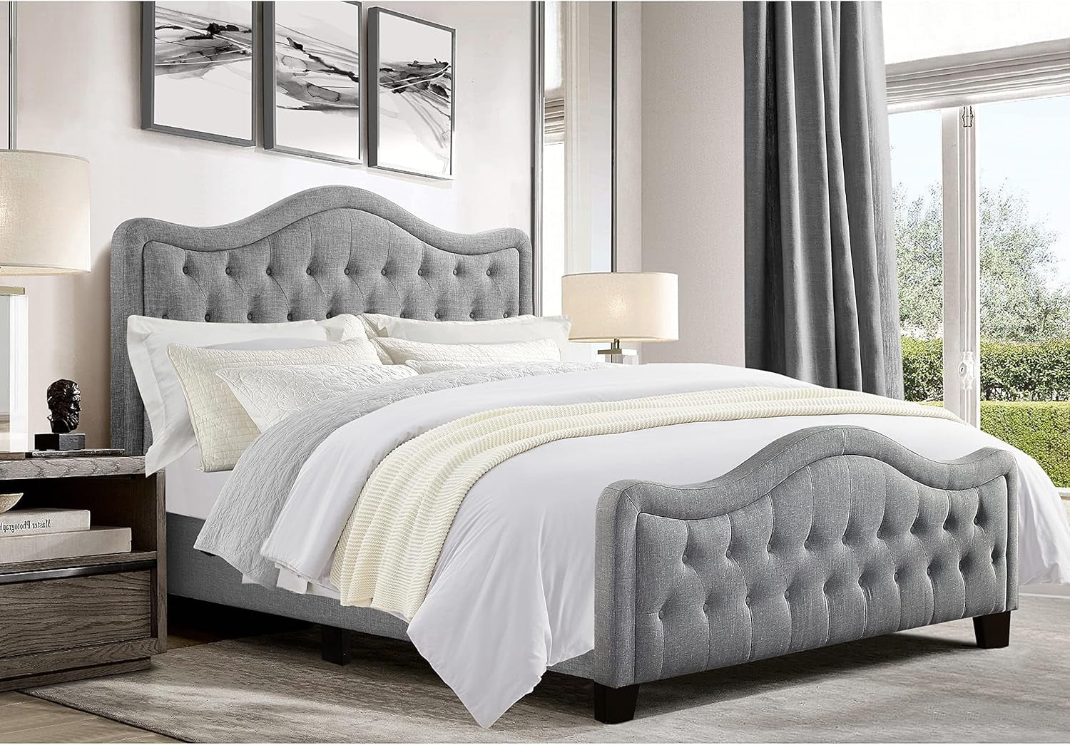 BSHTI Livingroom Modern King Size Platform Bed Frame with Upholstered Headboard and wood slats support for Livingroom, Box Spring Required