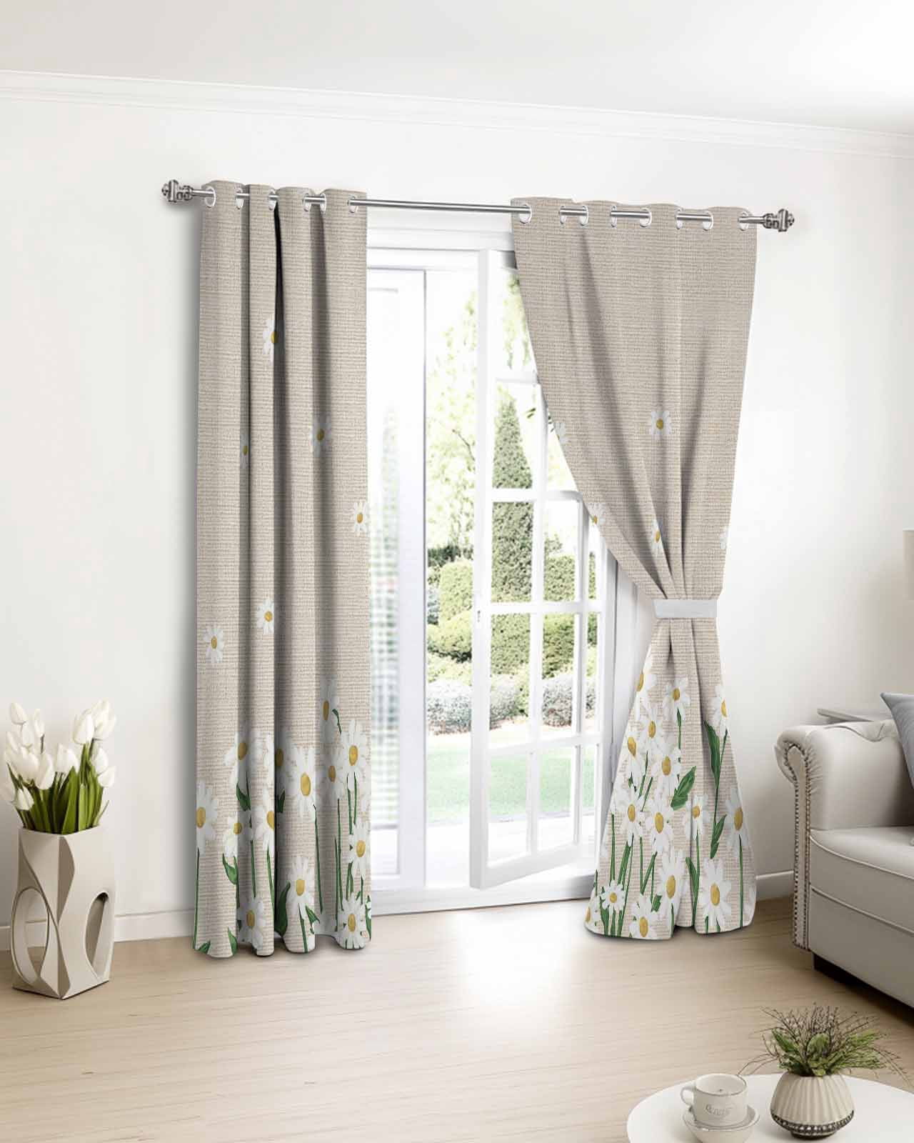Spring Floral Blackout Curtains 54 Inches Long, White Daisy Farmhouse Linen Texture Thermal Insulated Black Out Curtains, Darkening Window Curtain Drapes for Bedroom Living Room 45"x54" 2 Panels