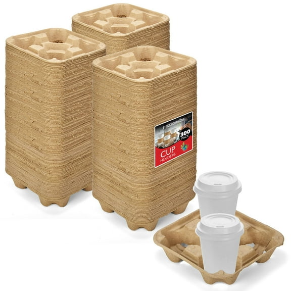 4 Cup Disposable Coffee Tray (300 Count) - Biodegradable and Compostable Cup Holder - Durable Drink Carrier for Hot or Cold Drinks, Uber Eats - to Go Coffee Cup Holder for Food Delivery Service