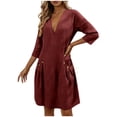 thumbnail image 1 of Vestido de Verano 3/4 Manga para las Mujeres Cuello en V Lino Vestido Suelto, Suelto Vestido Fluido para las Mujeres con Bolsillos Color Sólido, 1 of 7