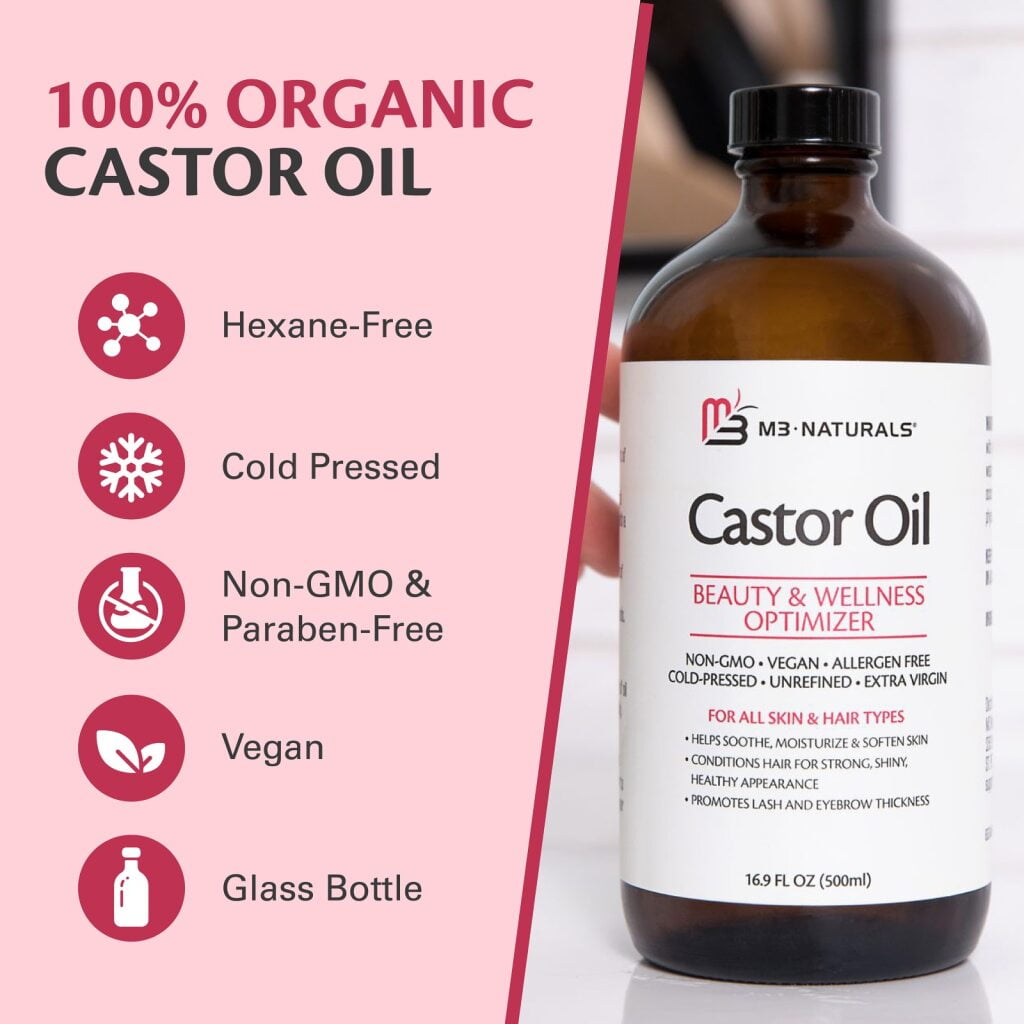 M3 100% Castor Oil Cold Pressed, Hexane-Free, Virgin, Non-GMO, Allergen-Free – Nourishes Skin, Lashes, and Hair, 16.9 oz.