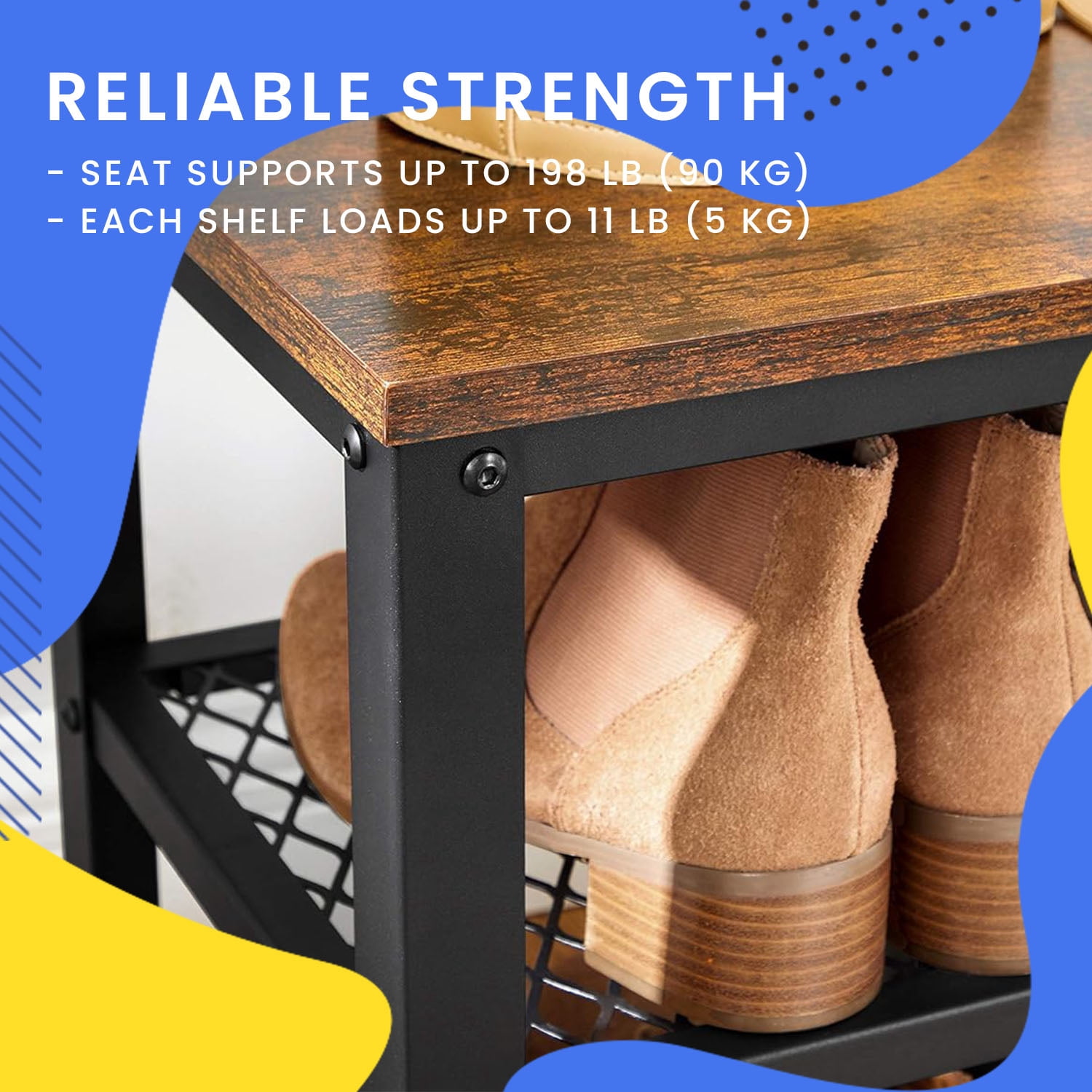 LEDREM 3-Tier Shoe Rack Bench, Free Standing Shoe Organizer with Metal Mesh Shelves & Seat, 39.4 Inch, Rustic Brown & Black
