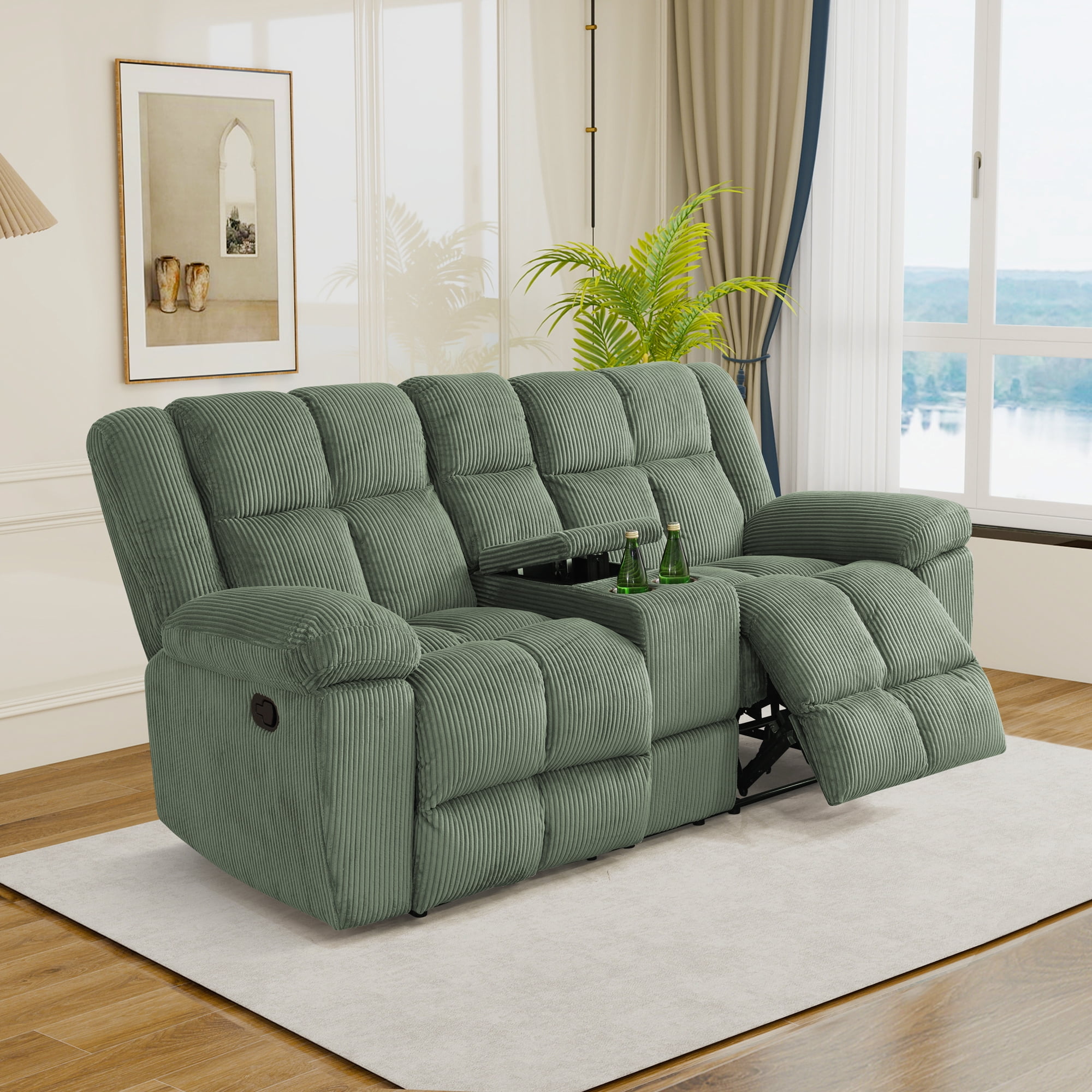 Gewnee Multifunctional Loveseat, Cup Holders, Corduroy Upholstery, Solid Wood Frame, Ideal for Living Room, Green