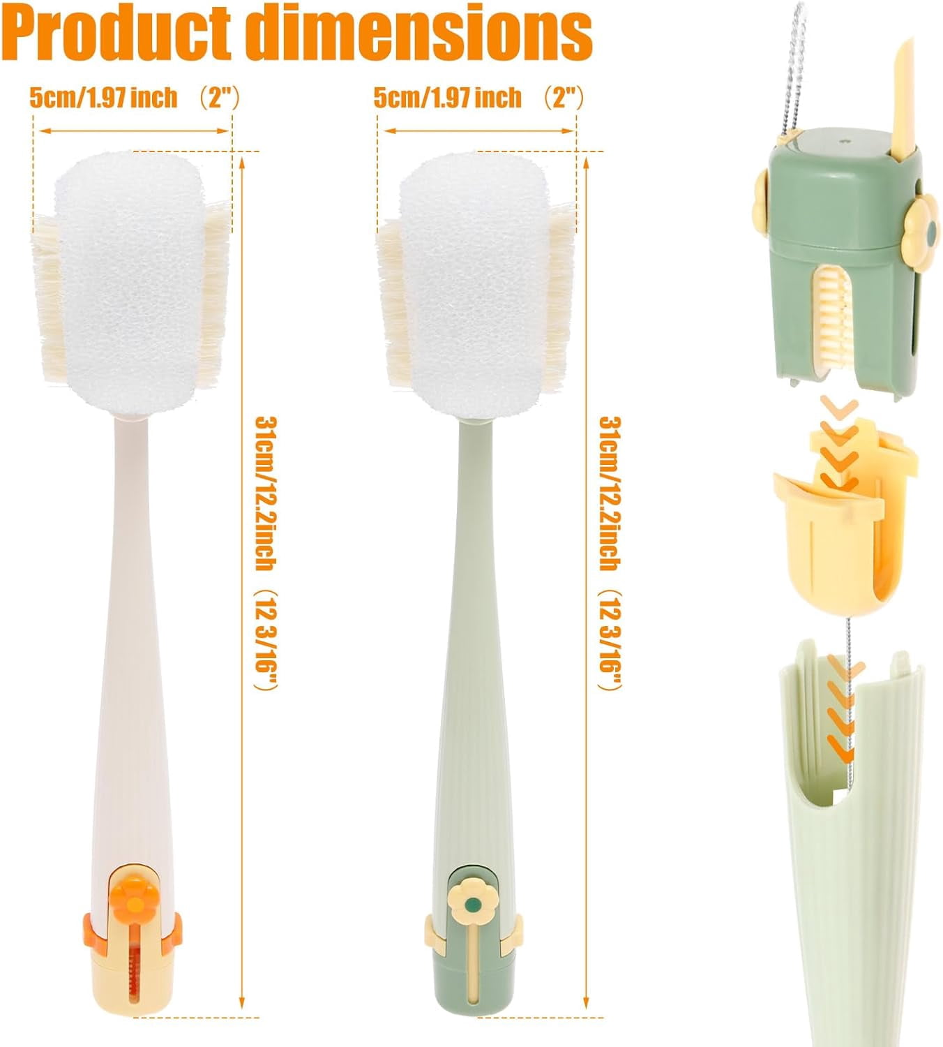 2Pcs 5 in 1 Water Bottle Cleaning Brush Set, Multifunctional Baby Bottle Scrubber Brush Removable Cup Mouth Straw Gap Cleaner Tool for Home Kitchen