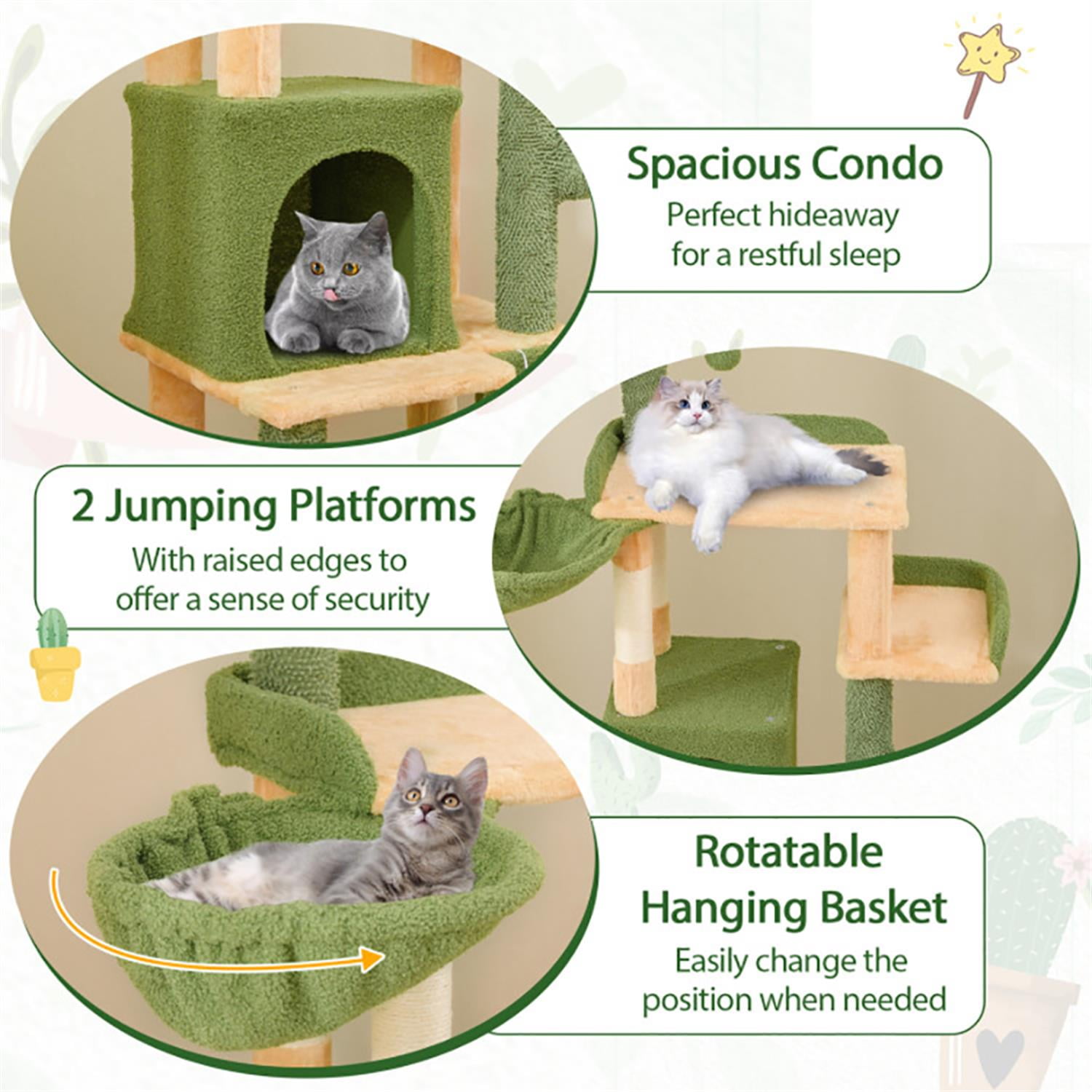 Kadyn 63" Cactus Cat Tree with Toy, Cat Tower Condo for Indoor Cats with Cozy Hammock, Sisal Scratching Posts and Board, Green