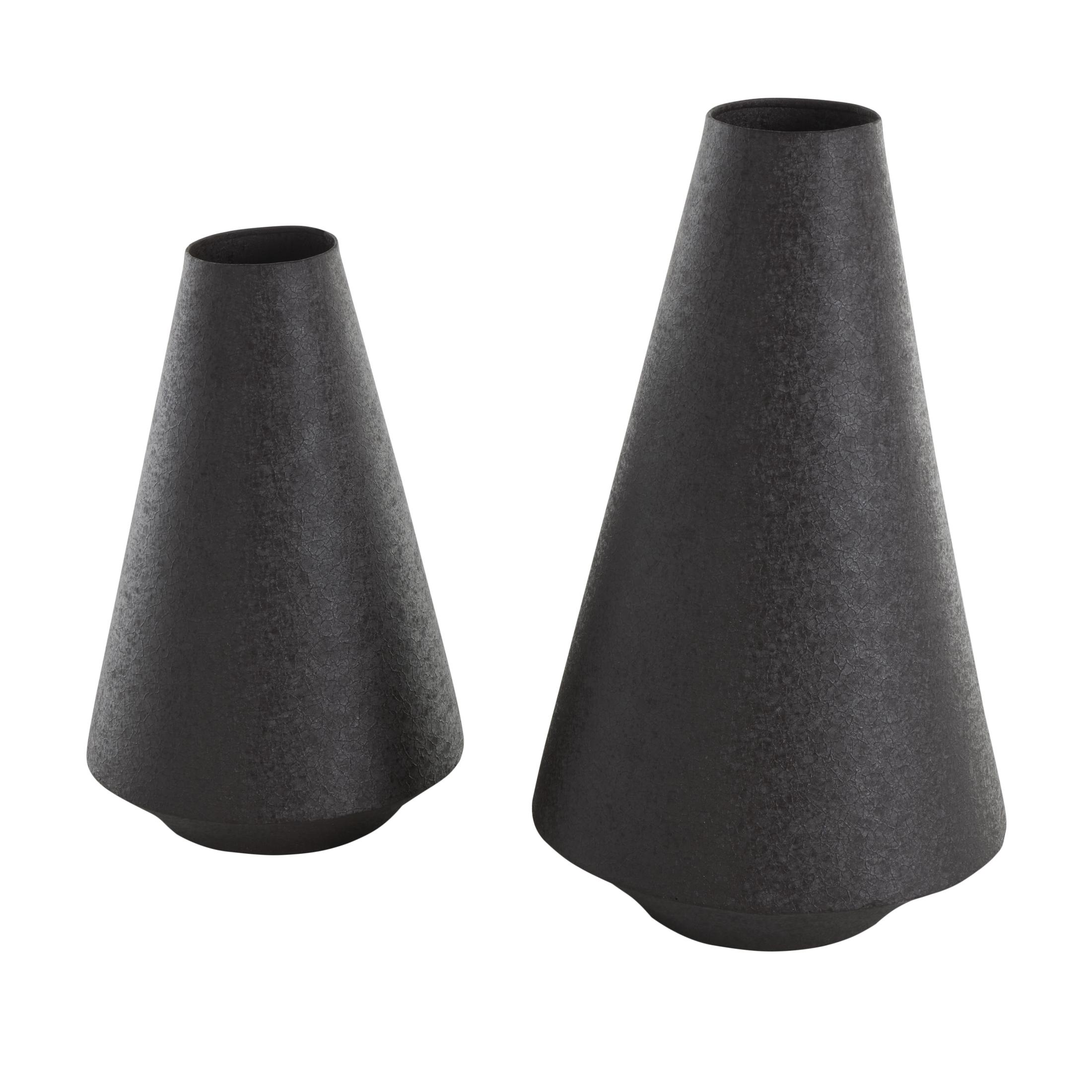 DecMode 14", 11"H Textured Cone Black Metal Vase, Set of 2