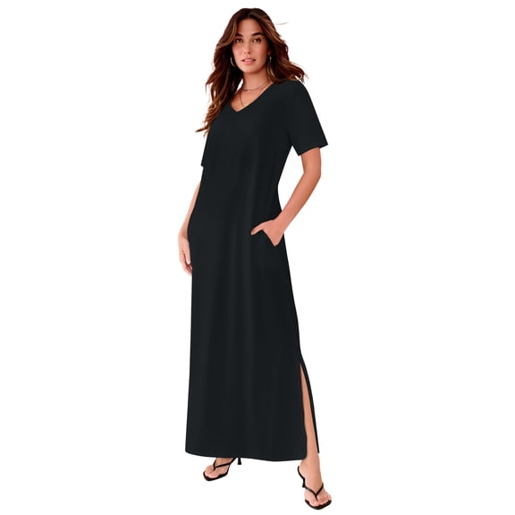 Roaman's Women's Plus Size Stretch Knit Short Sleeve Maxi Dress With Side Slit Detail