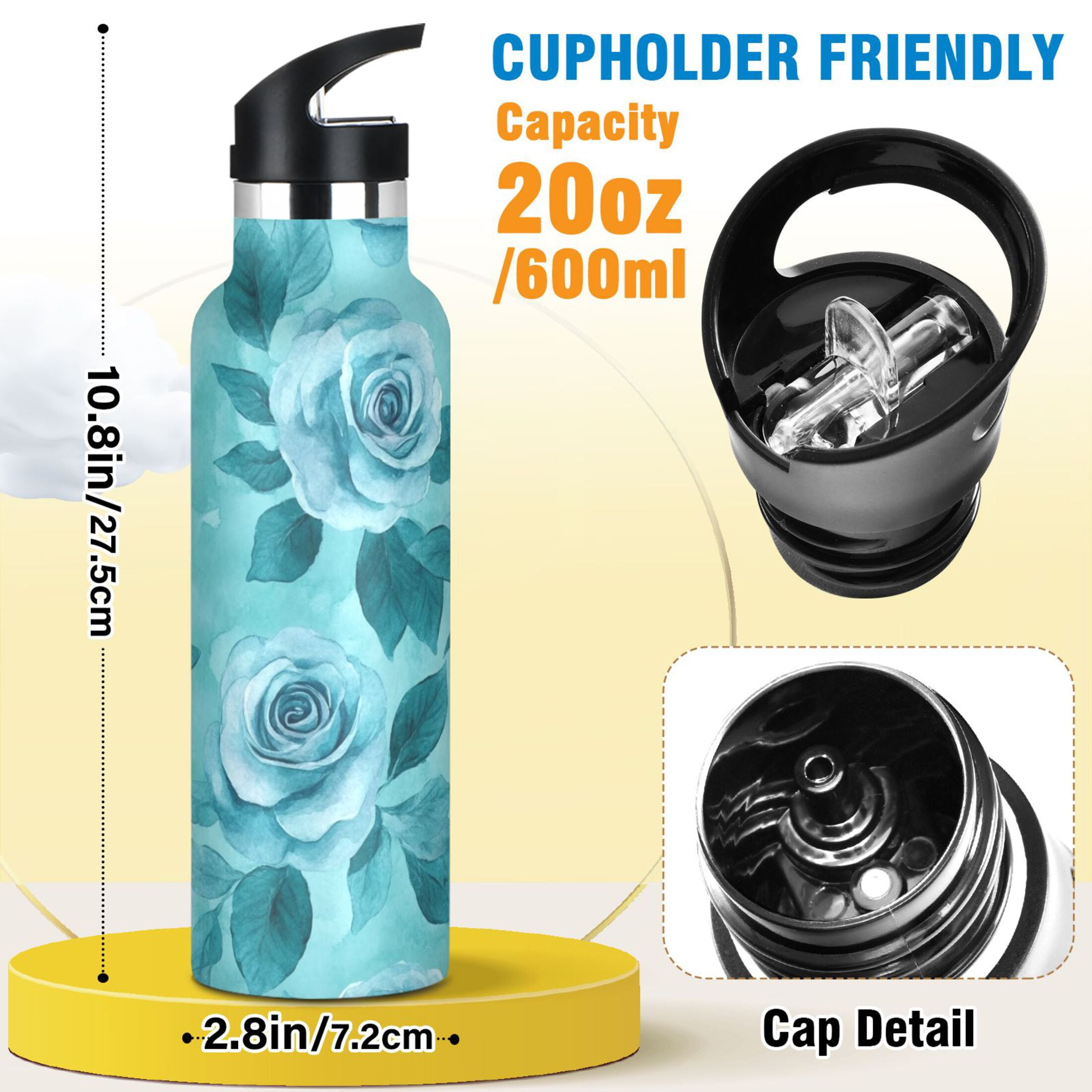 600ML Stainless Steel Insulated Cup Sports Water Bottle Portable Thermos Cup Water Glasses Insulated Tumblers Convenient and Durable Cartoon Navy Roses