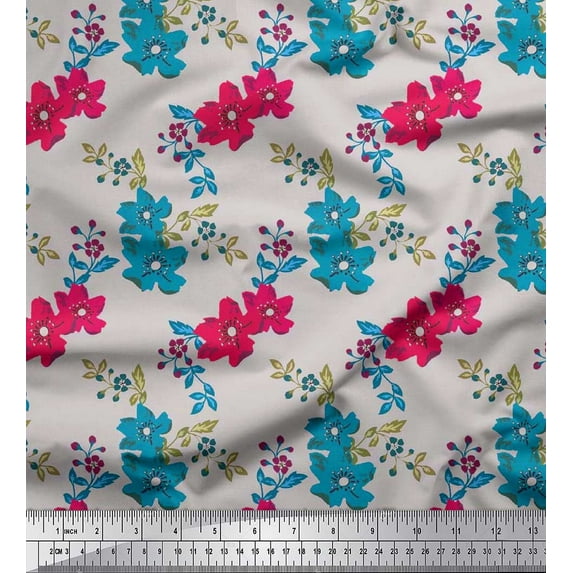 Soimoi Silk Fabric Leaves & Floral Artistic Print Sewing Fabric Yard 42 Inch Wide