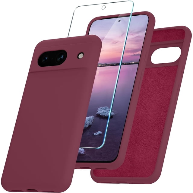 KOMI for Google Pixel 8a Case, Silicone Phone Case with 1 Screen Protector, Soft Anti-Scratch Microfiber Lining, Full Body Shockproof Slim Cover Support Wireless Charging, Wine Red