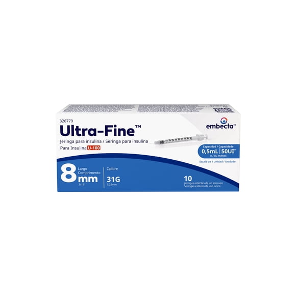 Jeringa Ultra Fine para insulina 0.5 ml 31G x 8 mm 10 pzas