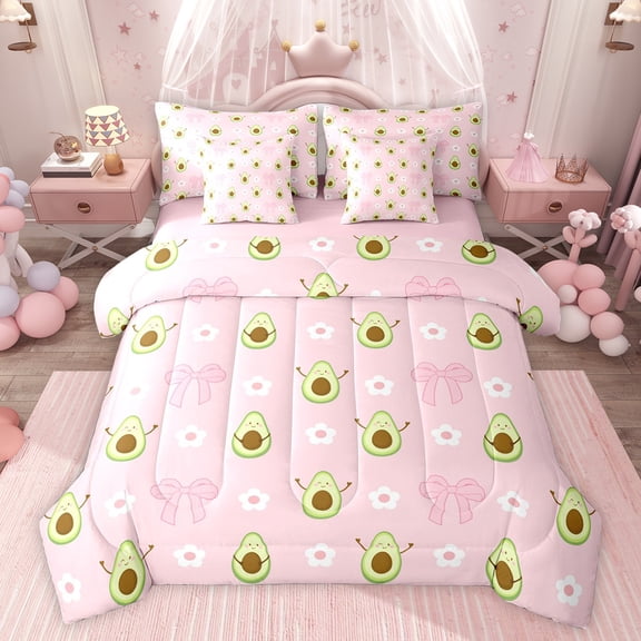 jejeloiu Cute Cartoon Avocado 7-Piece Twin Bedding Sets,Pink Bowknot Flower Bedding Comforter Set For Girls Kids Reversible