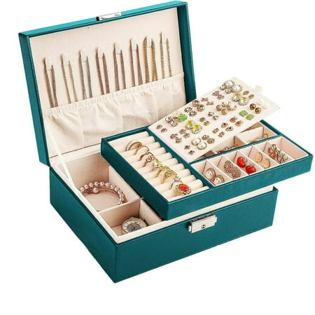 LEEYNEER Jewelry Box for Women Girls Gift Travel Jewelry Organizer Large 2 Layer with Removable Tray PU Leather Velvet Display Jewellery Holder with Lock for Necklace Earrings Rings Bra