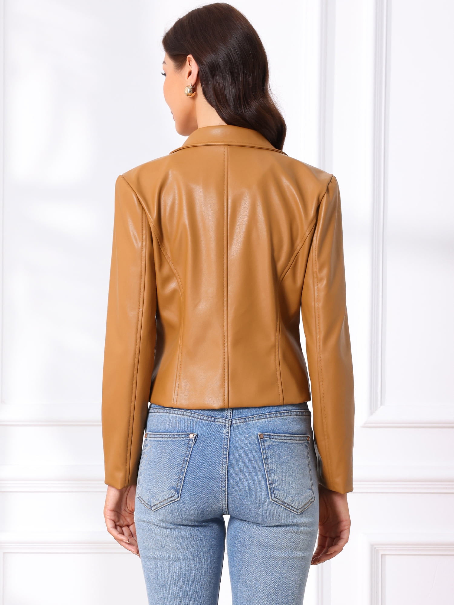 DARING DIVA Women's Faux Leather Motorcycle Jacket for Women Casual Cropped PU Leather M Light Brown