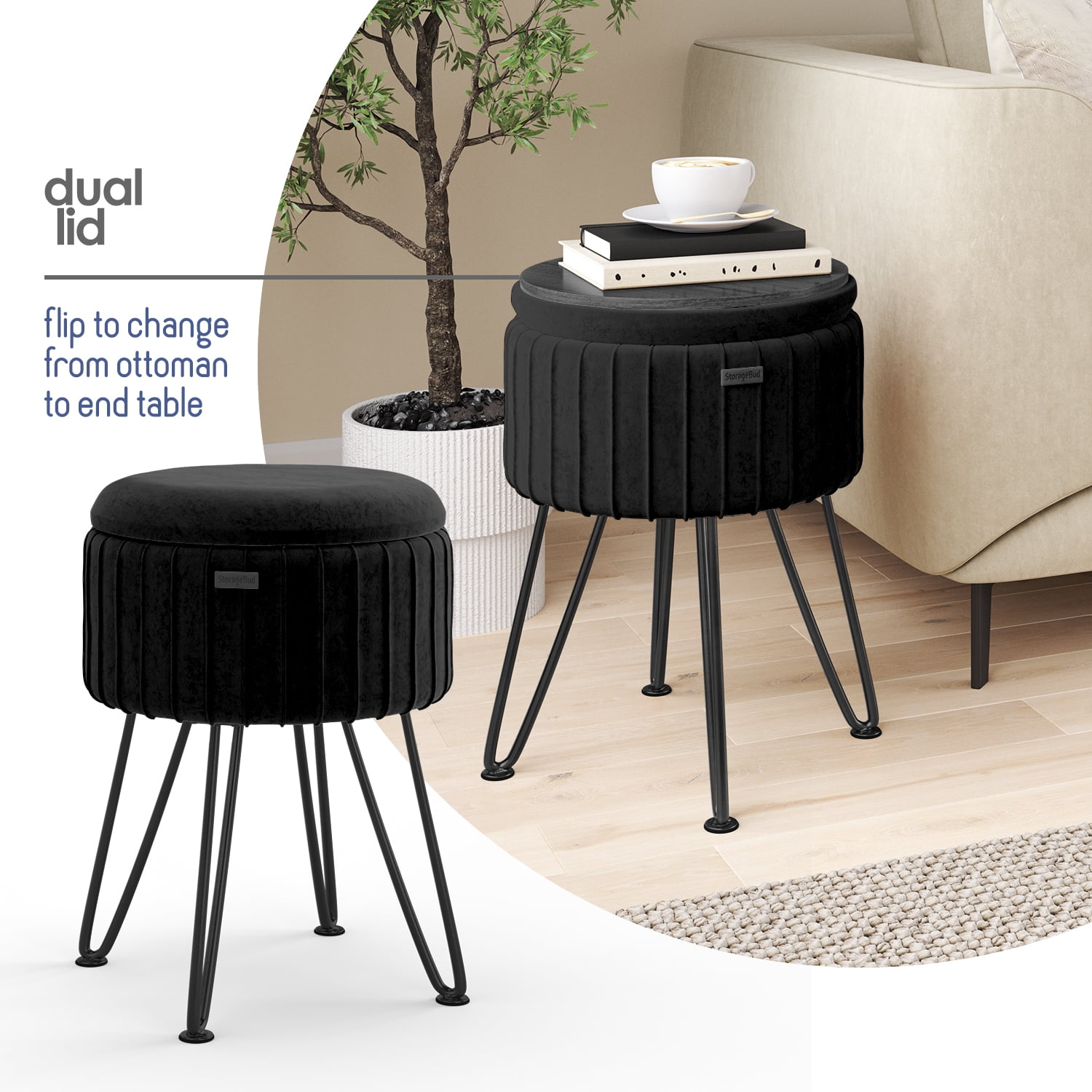 Hearth & Harbor Round Ottoman with Storage, Luxurious Foot Stool and Chic Vanity Stool with Storage, Elegant Pleated Velvet Black