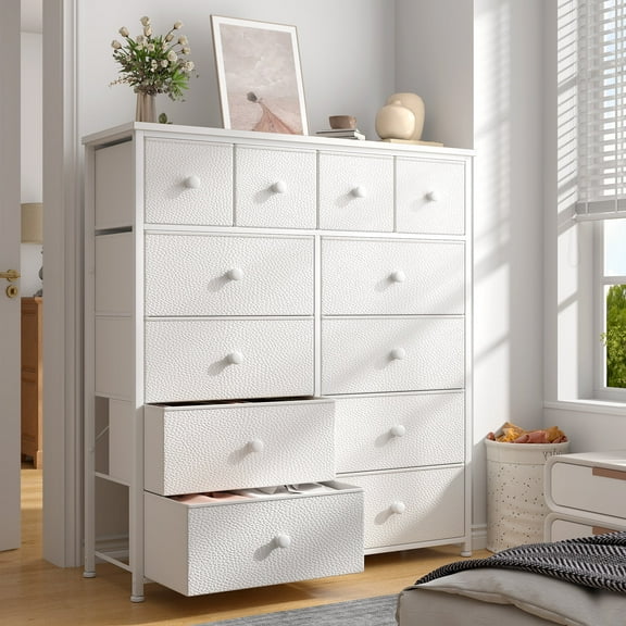 Romorgniz Tall Dresser for Bedroom with 12 Drawers White Dresser for Closet Fabric Chests of Drawers, Sturdy Metal Frame, Wood Top