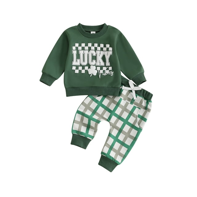 Gupgi Baby Boy Spring Clothes Set Long Sleeve Crew Neck Shamrock Print Sweatshirt Plaid Sweatpants