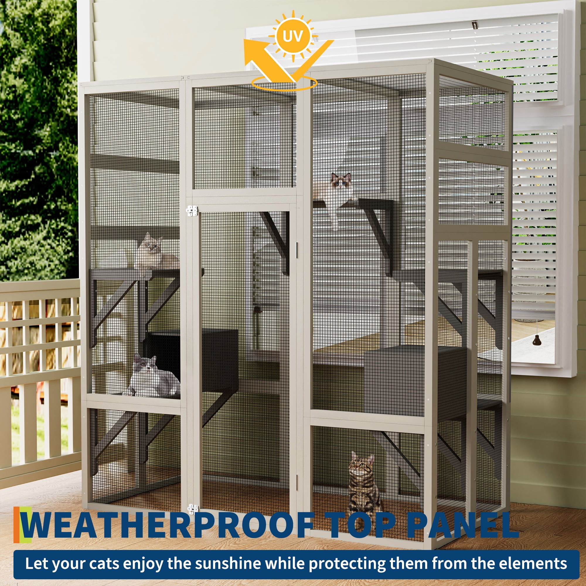 Catio Outdoor Cat Enclosure with 7 Platforms, 2 Resting Boxes, Large Window Cat House for 4-6 Mulitiple Cats Walk in Kitty Cage 70"