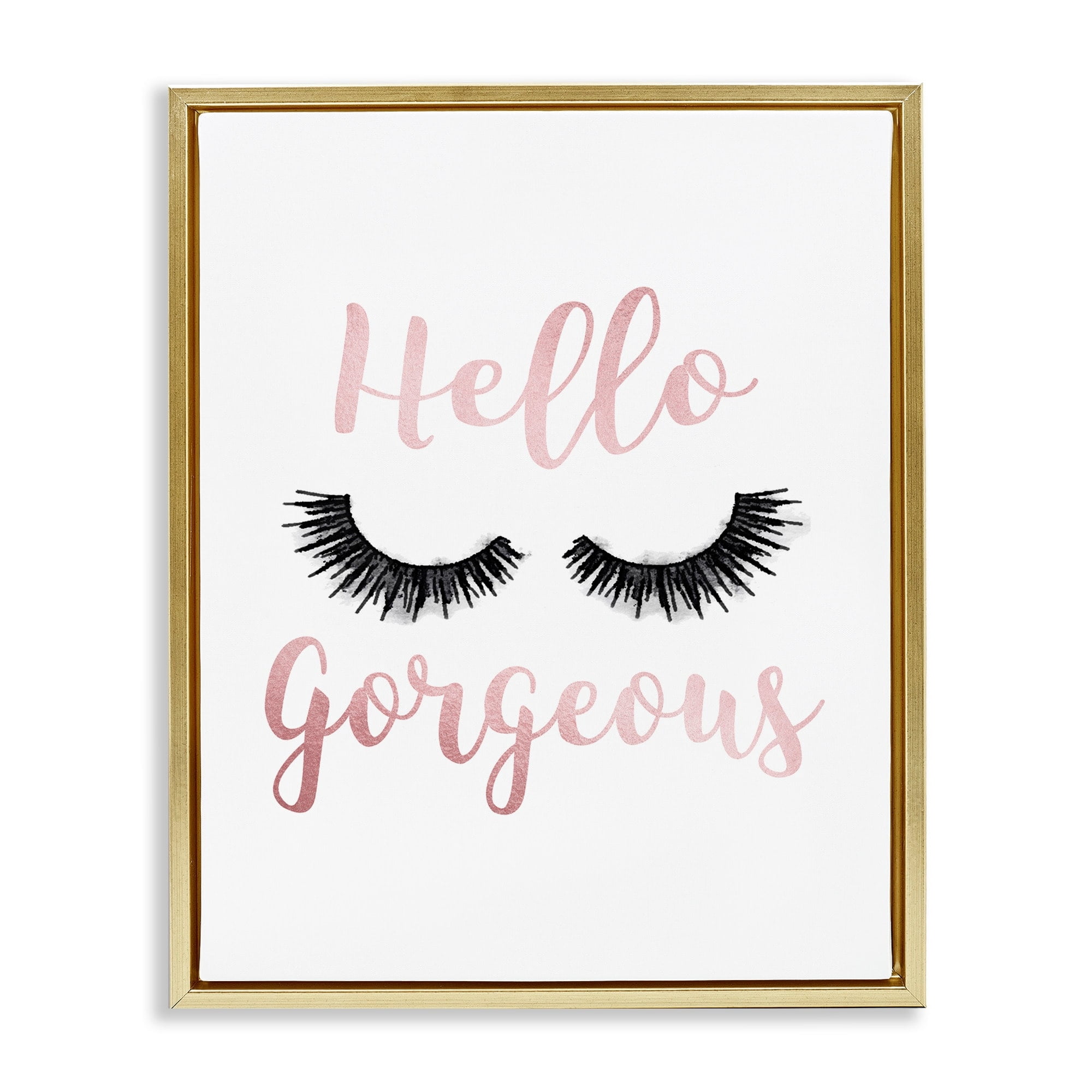 Stupell Industries Hello Gorgeous Black Eyelashes Typography Metallic Gold Framed Floating Canvas Wall Art, 16x20, by Amanda Greenwood