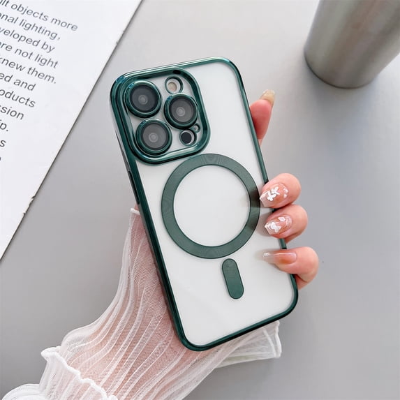 SaniMore for iPhone 13 Pro Max Magnetic Case Support Wireless Charging, Rugged PC Transparent Cover with Tempered Glass Camera Lens Protector & Dust Proof Net Shockproof Protective Shell, Darkgreen