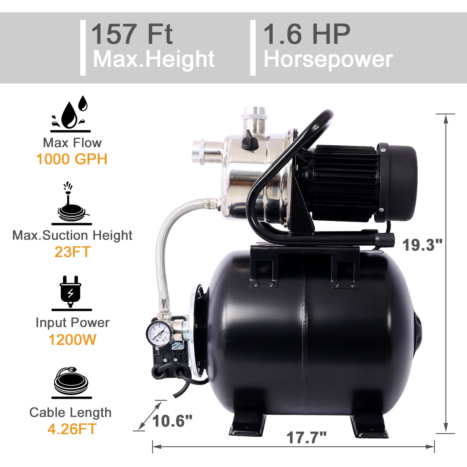 LuckyNote 1.6HP Shallow Well Pump with Pressure Tank, Automatic Water Booster Pump for Home Garden Lawn Farm, Stainless Steel Head, Black
