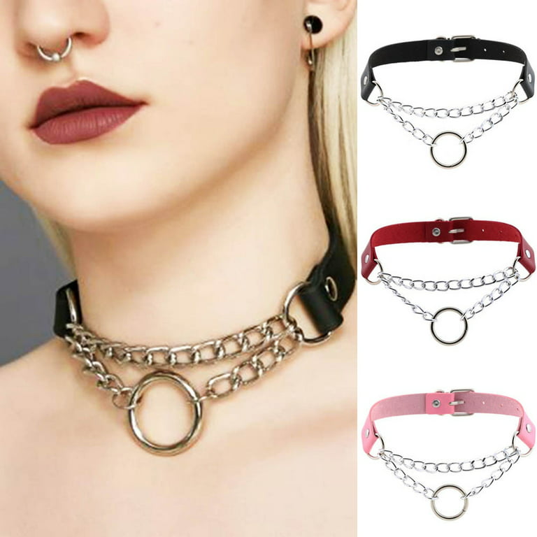 Jiaroswwei Women Men Punk Chain Choker Necklace O Round Circle Faux Leather  Collar Jewelry 