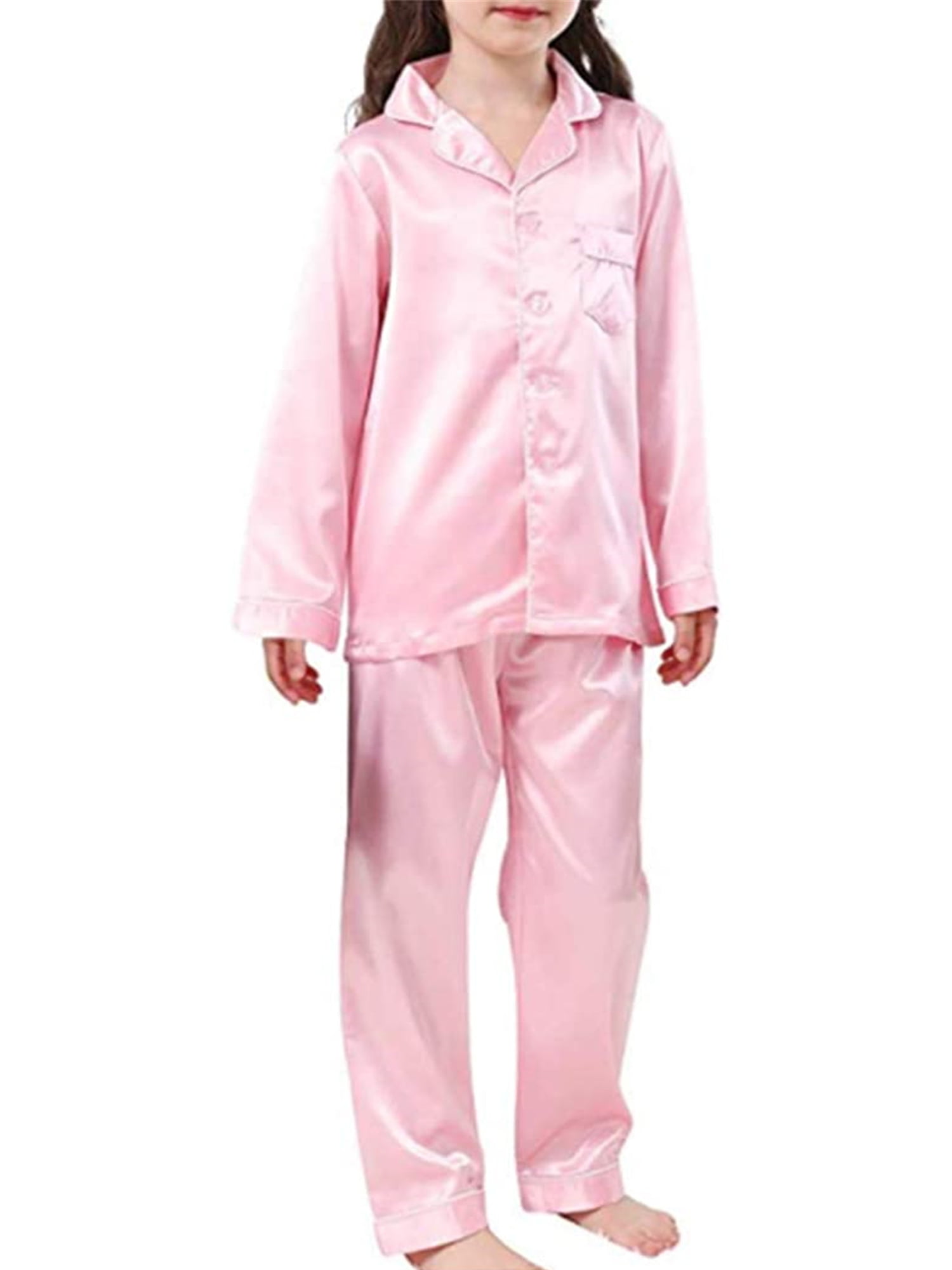 Toddler Baby Kids Satin Pajamas Set Pjs Sleepwear for Girls Boys Long/Short Sleeve Top Pants Solid Nightwear 