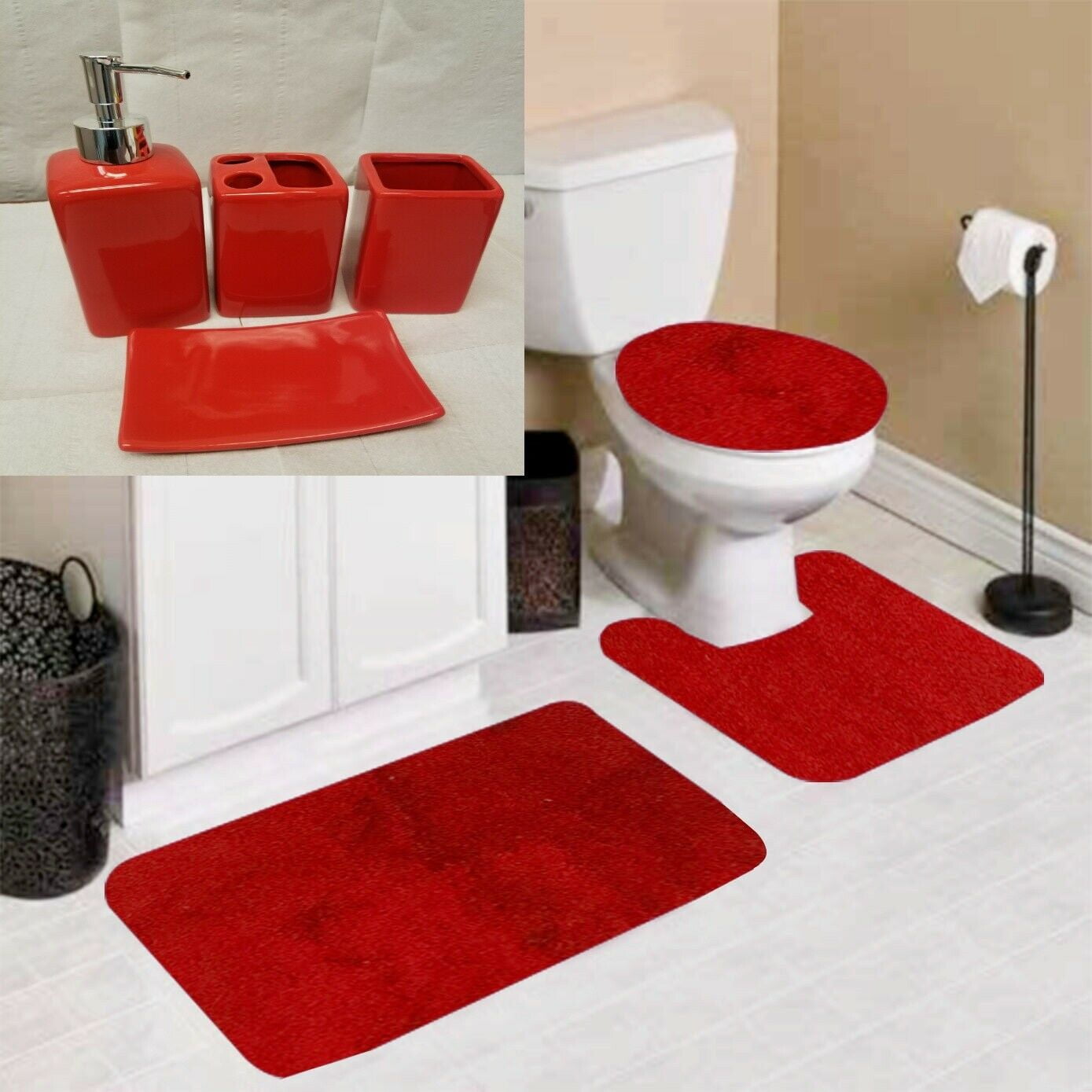 Red 3 Piece Solid Premium Polypropylene Bath Rugs Set with Geometric Design
