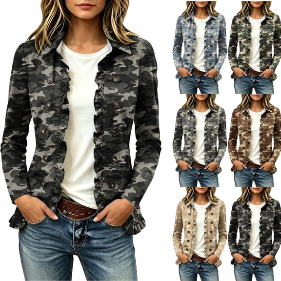 Womens Dressy Camo Jacket Open Front Ruffle Peplum Jackets Lightweight Casual Fall Jacket