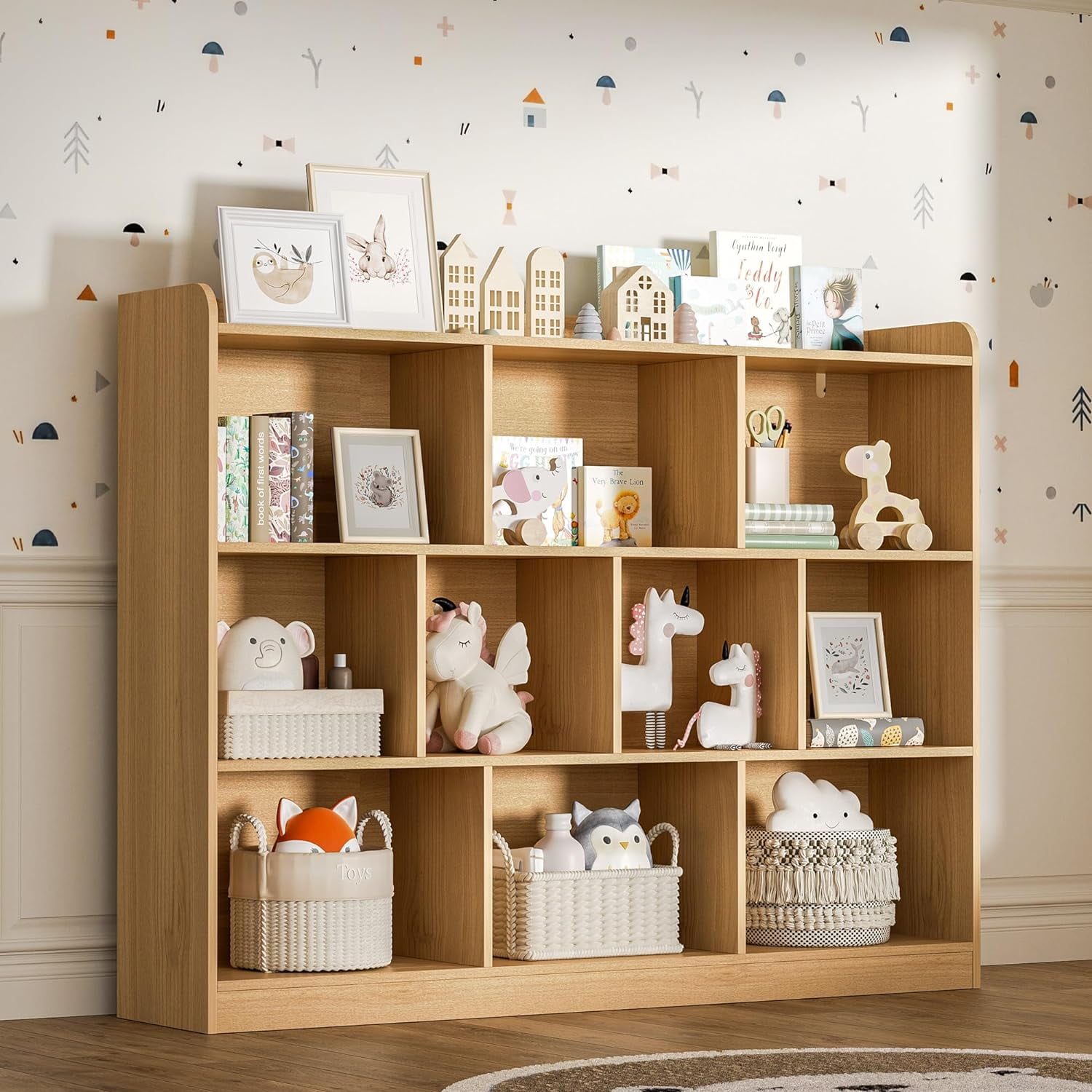 DIYART Oak Wood Bookcase with 3 Tier Open Shelves, 10-Cube Storage Shelf, 55.1" W x 42.5" H