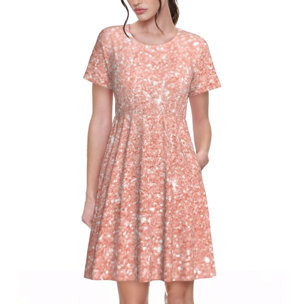 Balery Rose Gold Glitter Vestidos sueltos de manga corta para mujer, vestidos de verano 2025, vestidos casuales de corte A con vuelo.