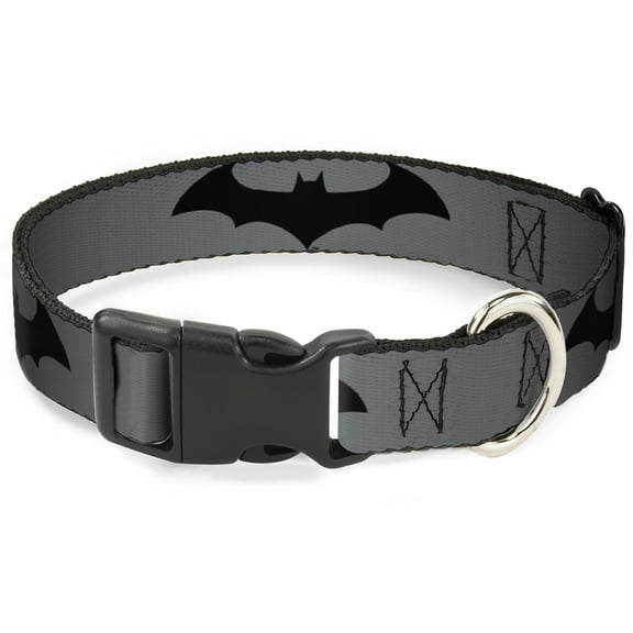 DC Comics Pet Collar, Dog Collar Plastic Buckle, Retro Bat Logo Gray Black, 7 to 8.5 Inches 0.5 Inch Wide