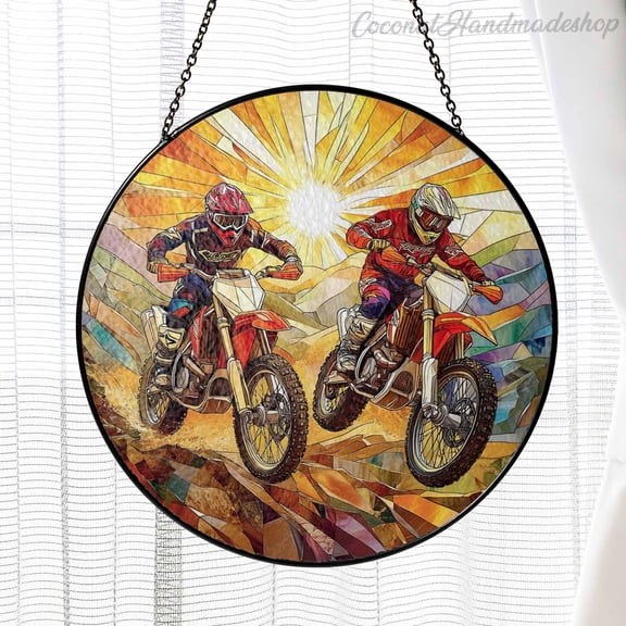 New Dad And Son Dirt Bike Glass Suncatcher, Father Son Dirt Bike Window Art, Adventure Theme Decor, Father's Day, Gift for Dad and Son