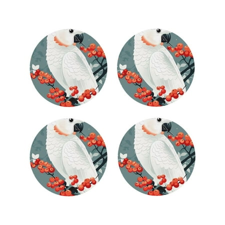 

Matuu Cockatoo Red Berries for Cup Coasters Set of 4 Leather Coasters Desk Coasters for Office Measures 4” x 4”-Round Shape