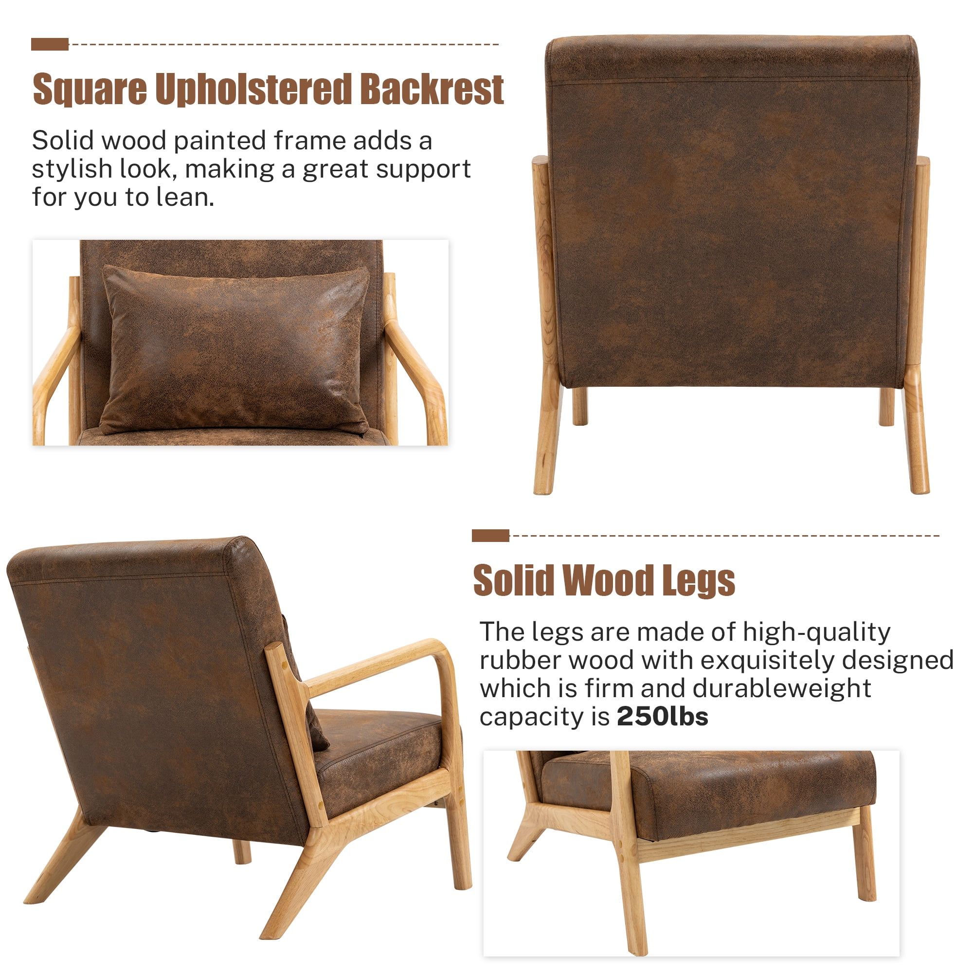 PAPROOS Mid-Century Modern Accent Chair, PU Leather Arm Chair with Wood Frame and Pillow, Upholstered Armchair Comfort Reading Chair Lounge Chair for Living Room Bedroom Sunroom, Brown